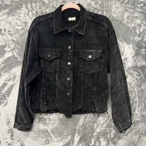POL Anthropologie Black Corduroy Distressed Jacket Womens Medium Hanky Hem Cozy